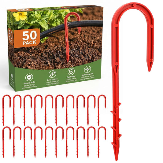 50 Pcs 5.79 Inch Drip Irrigation Hold Down Stakes U-Shaped Barbed Hose Stakes Red Plastic Hose Hold-Down Anchor for Lawn Drip System, Soaker Lines, Garden Irrigation System