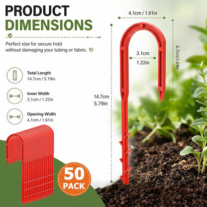50 Pcs 5.79 Inch Drip Irrigation Hold Down Stakes U-Shaped Barbed Hose Stakes Red Plastic Hose Hold-Down Anchor for Lawn Drip System, Soaker Lines, Garden Irrigation System