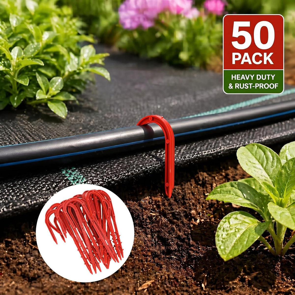 50 Pcs 5.79 Inch Drip Irrigation Hold Down Stakes U-Shaped Barbed Hose Stakes Red Plastic Hose Hold-Down Anchor for Lawn Drip System, Soaker Lines, Garden Irrigation System
