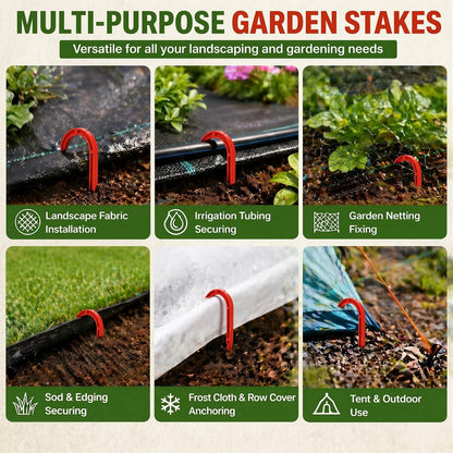 50 Pcs 5.79 Inch Drip Irrigation Hold Down Stakes U-Shaped Barbed Hose Stakes Red Plastic Hose Hold-Down Anchor for Lawn Drip System, Soaker Lines, Garden Irrigation System
