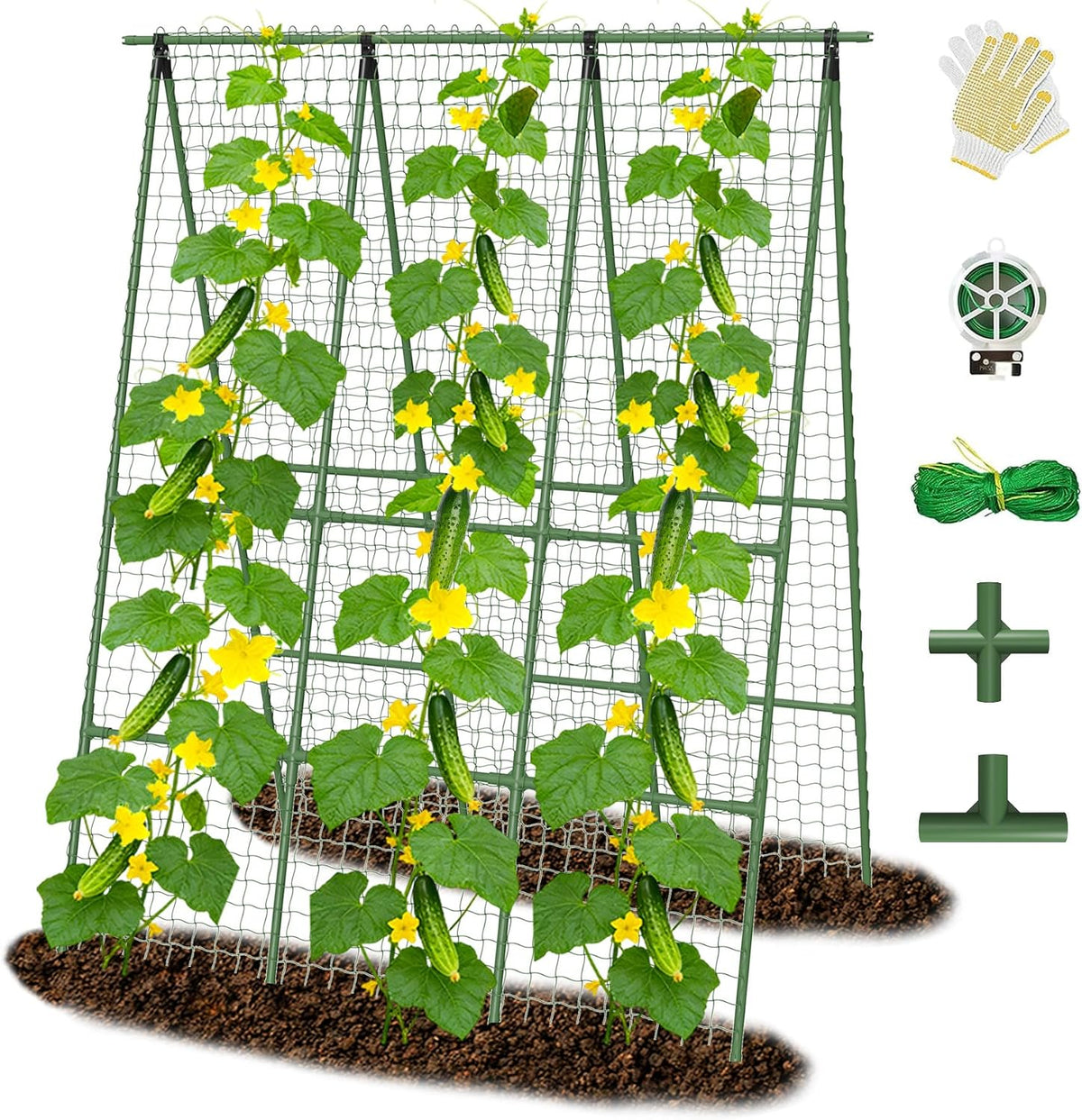 Cucumber Trellis for Raised Bed 48" L x 64" H, 16mm Adjustable A-Frame Garden Trellis with Net for Climbing Plants, Vertical Garden Vegetable Trellis for Zucchini Pea Bean Squash Grape Tomato Flowers