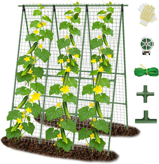 Cucumber Trellis for Raised Bed 48" L x 64" H, 16mm Adjustable A-Frame Garden Trellis with Net for Climbing Plants, Vertical Garden Vegetable Trellis for Zucchini Pea Bean Squash Grape Tomato Flowers