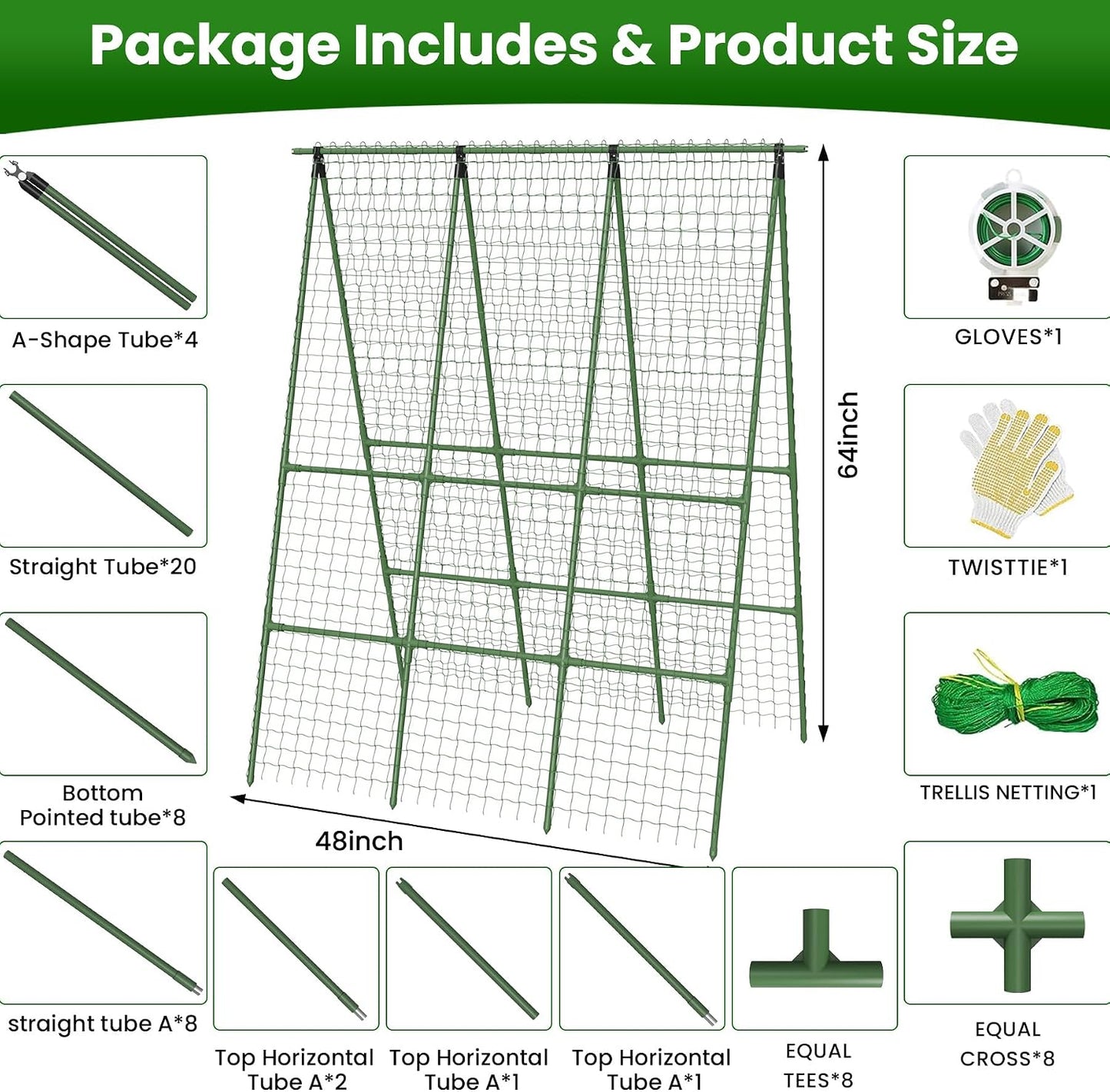 Cucumber Trellis for Raised Bed 48" L x 64" H, 16mm Adjustable A-Frame Garden Trellis with Net for Climbing Plants, Vertical Garden Vegetable Trellis for Zucchini Pea Bean Squash Grape Tomato Flowers