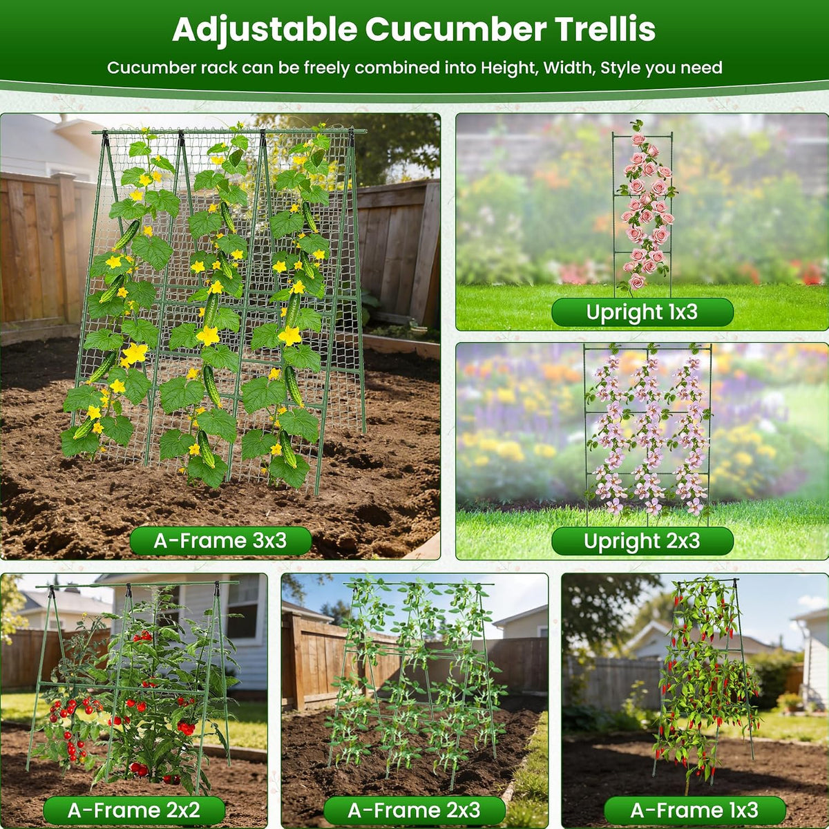 Cucumber Trellis for Raised Bed 48" L x 64" H, 16mm Adjustable A-Frame Garden Trellis with Net for Climbing Plants, Vertical Garden Vegetable Trellis for Zucchini Pea Bean Squash Grape Tomato Flowers
