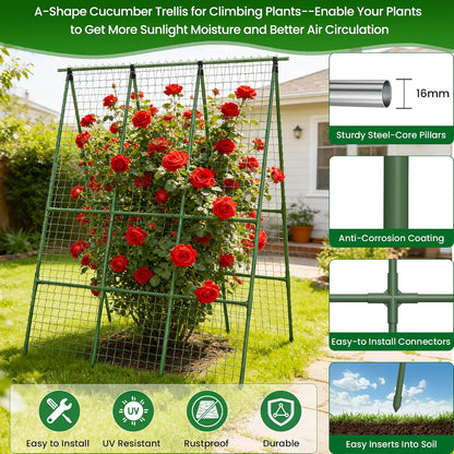 Cucumber Trellis for Raised Bed 48" L x 64" H, 16mm Adjustable A-Frame Garden Trellis with Net for Climbing Plants, Vertical Garden Vegetable Trellis for Zucchini Pea Bean Squash Grape Tomato Flowers