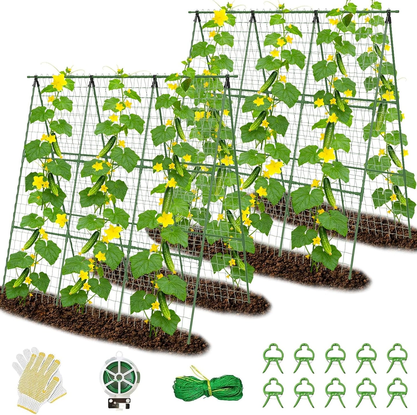 Cucumber Trellis for Raised Bed 48" L x 64" H, 16mm Adjustable A-Frame Garden Trellis with Net for Climbing Plants, Vertical Garden Vegetable Trellis for Zucchini Pea Bean Squash Grape Tomato Flowers