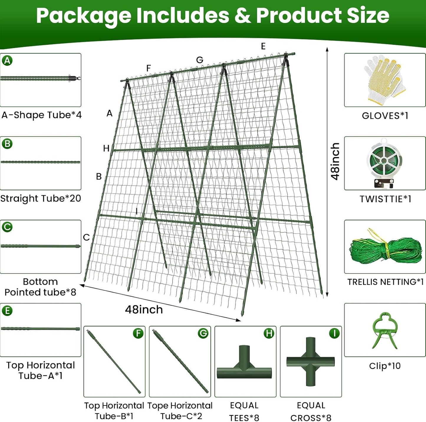 Cucumber Trellis for Raised Bed 48" L x 64" H, 16mm Adjustable A-Frame Garden Trellis with Net for Climbing Plants, Vertical Garden Vegetable Trellis for Zucchini Pea Bean Squash Grape Tomato Flowers