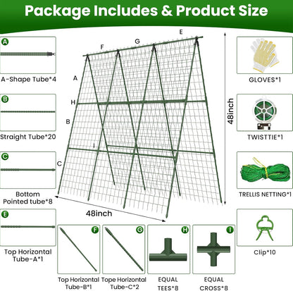 Cucumber Trellis for Raised Bed 48" L x 64" H, 16mm Adjustable A-Frame Garden Trellis with Net for Climbing Plants, Vertical Garden Vegetable Trellis for Zucchini Pea Bean Squash Grape Tomato Flowers