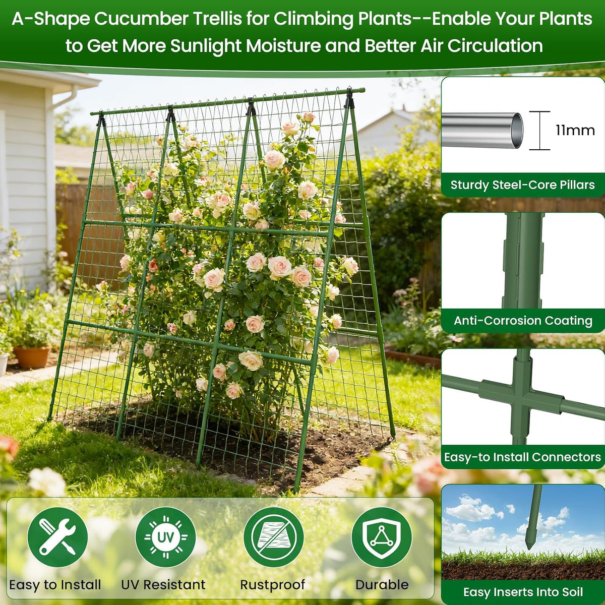 Cucumber Trellis for Raised Bed 48" L x 64" H, 16mm Adjustable A-Frame Garden Trellis with Net for Climbing Plants, Vertical Garden Vegetable Trellis for Zucchini Pea Bean Squash Grape Tomato Flowers