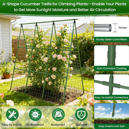 Cucumber Trellis for Raised Bed 48" L x 64" H, 16mm Adjustable A-Frame Garden Trellis with Net for Climbing Plants, Vertical Garden Vegetable Trellis for Zucchini Pea Bean Squash Grape Tomato Flowers