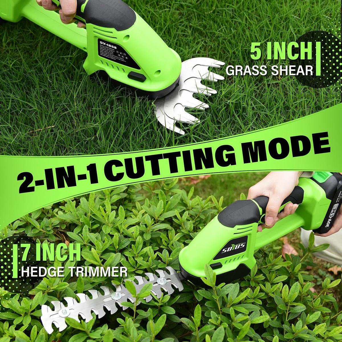 Hedge Trimmer Cordless, 2-in-1 Handheld Hedge Trimmers, 20V Electric Grass Shear & Shrubbery Trimmer, Battery Operated Grass Cutter for Garden/Lawn with Charger and Battery