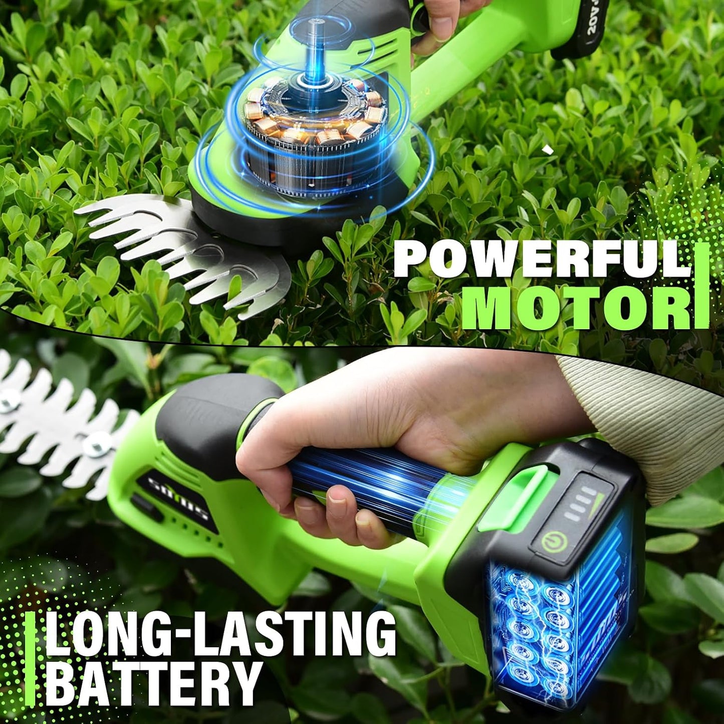 Hedge Trimmer Cordless, 2-in-1 Handheld Hedge Trimmers, 20V Electric Grass Shear & Shrubbery Trimmer, Battery Operated Grass Cutter for Garden/Lawn with Charger and Battery
