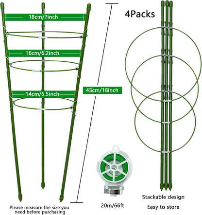 18" Small Plant Support Tomato Cages, 4 Pack Adjustable Garden Trellis for Indoor Outdoor Climbing Plants, Peony Flower Stakes with 66ft Garden Twist Ties, Green Metal Plant Cages for Pots & Garden