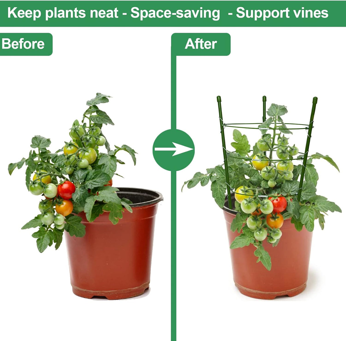 18" Small Plant Support Tomato Cages, 4 Pack Adjustable Garden Trellis for Indoor Outdoor Climbing Plants, Peony Flower Stakes with 66ft Garden Twist Ties, Green Metal Plant Cages for Pots & Garden