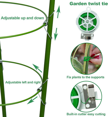 18" Small Plant Support Tomato Cages, 4 Pack Adjustable Garden Trellis for Indoor Outdoor Climbing Plants, Peony Flower Stakes with 66ft Garden Twist Ties, Green Metal Plant Cages for Pots & Garden