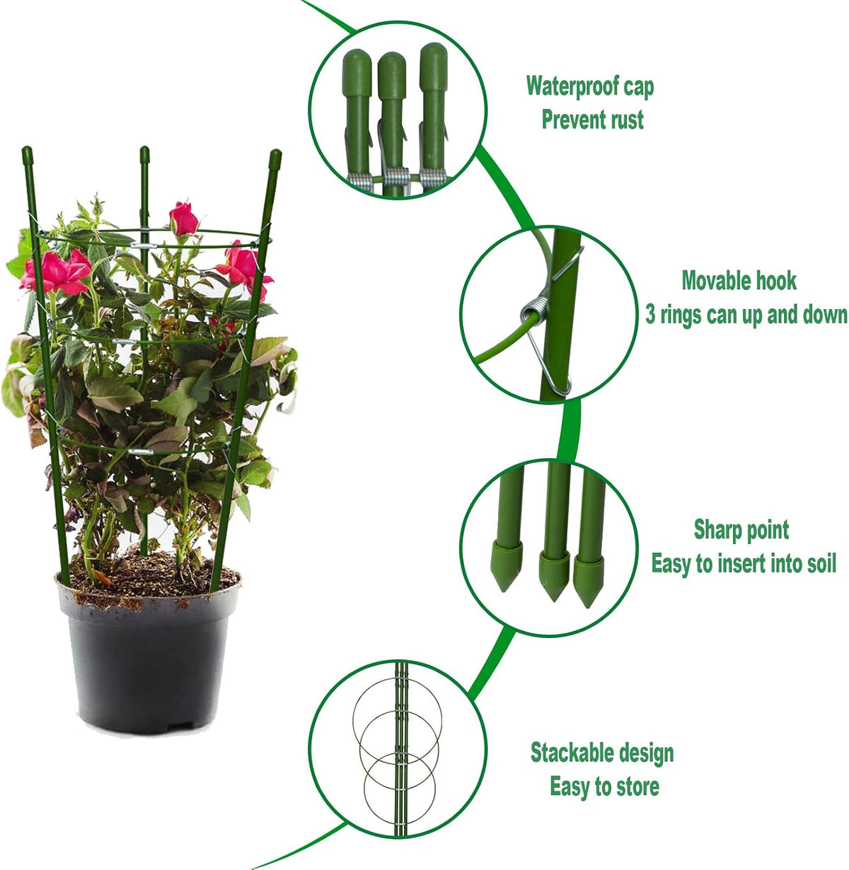 18" Small Plant Support Tomato Cages, 4 Pack Adjustable Garden Trellis for Indoor Outdoor Climbing Plants, Peony Flower Stakes with 66ft Garden Twist Ties, Green Metal Plant Cages for Pots & Garden