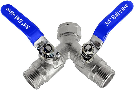 304 Stainless Steel Hose Splitter 2 Way Y Garden Hose Bib Splitter with Long Handle Water Hose Ball Shut Off Valve 3/4 GHT Threaded