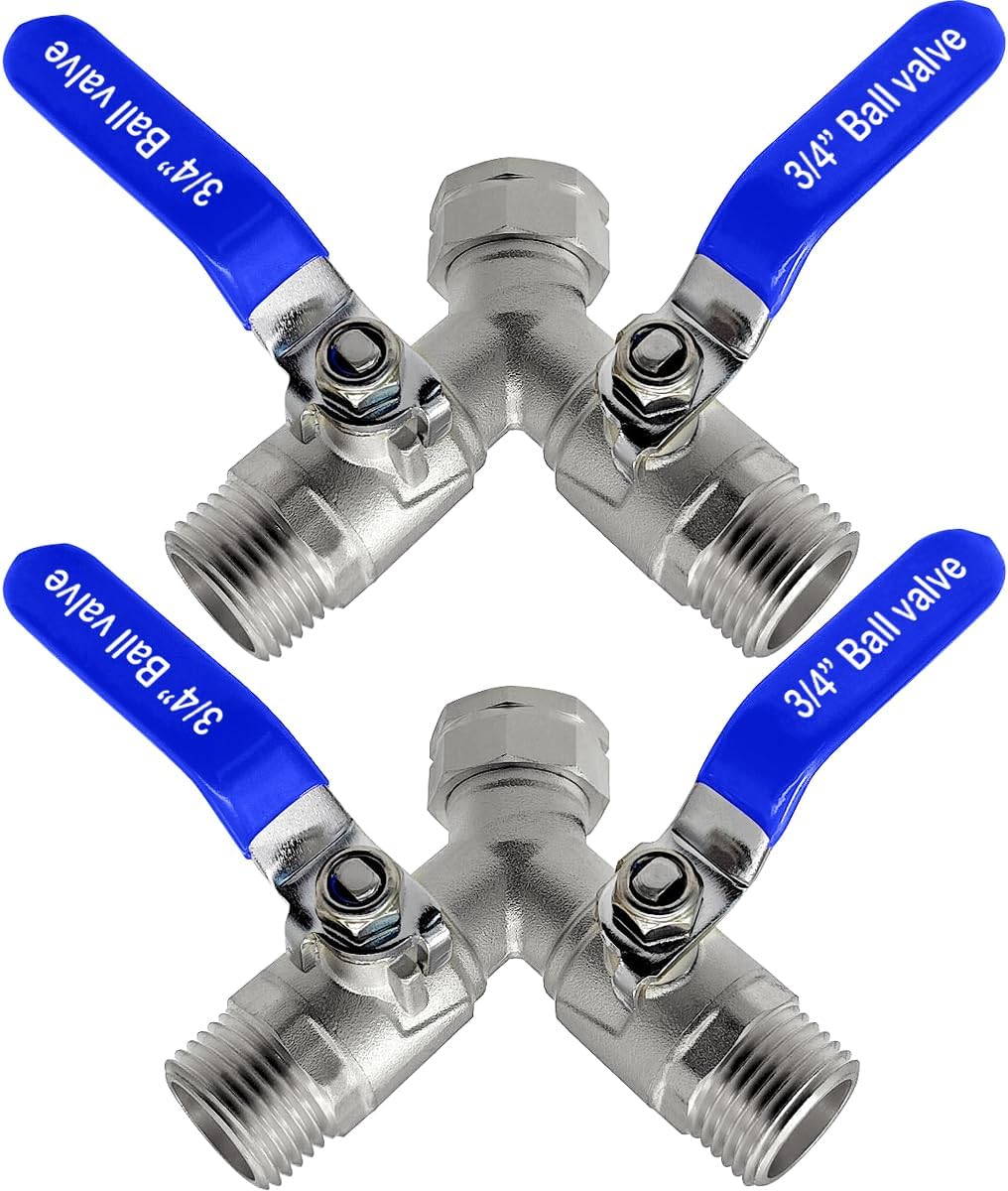 304 Stainless Steel Hose Splitter 2 Way Y Garden Hose Bib Splitter with Long Handle Water Hose Ball Shut Off Valve 3/4 GHT Threaded