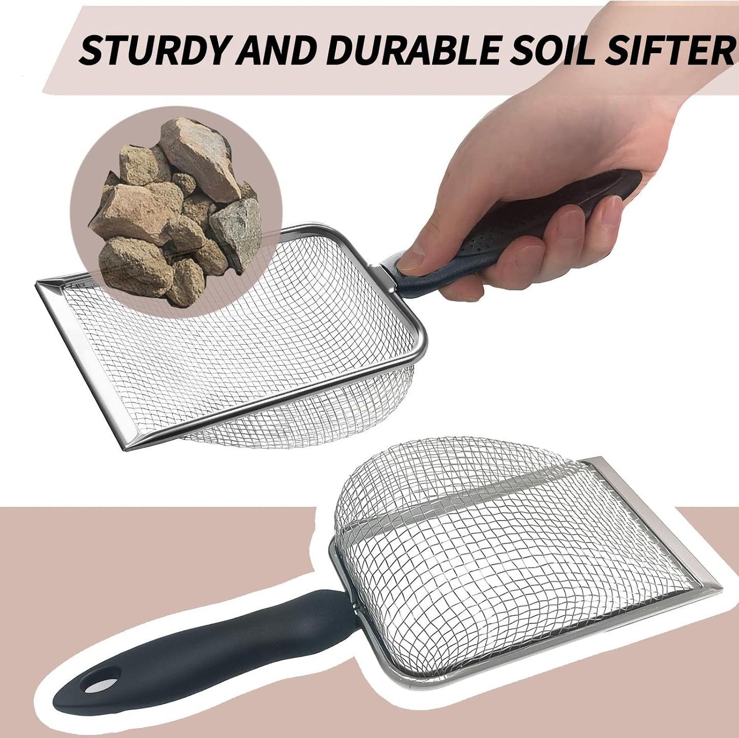 2 PCS 2-in-1 Gardening Soil Sifter Set with 2/2.8mm Mesh, Garden Sieve & Shovel Sifter Screen Potting Scoop for Sand, Dirt, Rock Compost, Stainless Steel & Ergonomic Handle