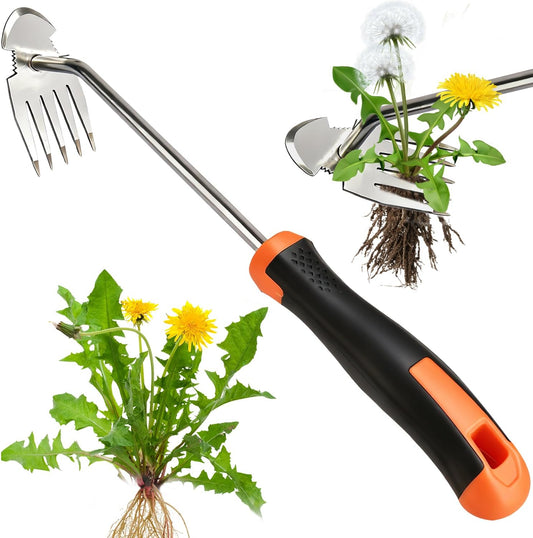 Weed Puller Tool，2026 New Garden Weeder Tool Stainless Steel Hand Weeder Tool,5 Teethes Dual Purpose Weed Remover Tool Weeding Tools for Gardening (Rubber Handle)