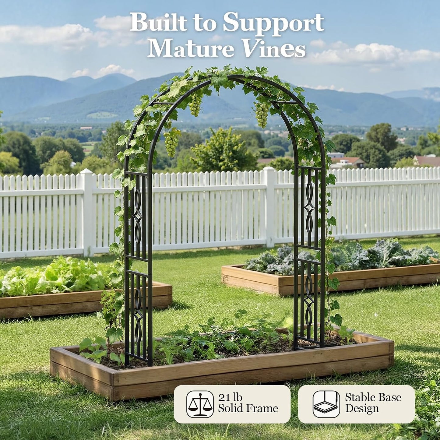 Metal Garden Arch, Heavy Duty Garden Trellis for Climbing Plants, with Enlarged Base for Stability, Ideal for Wedding Arches & Party Decorations, 55" W x 86" H
