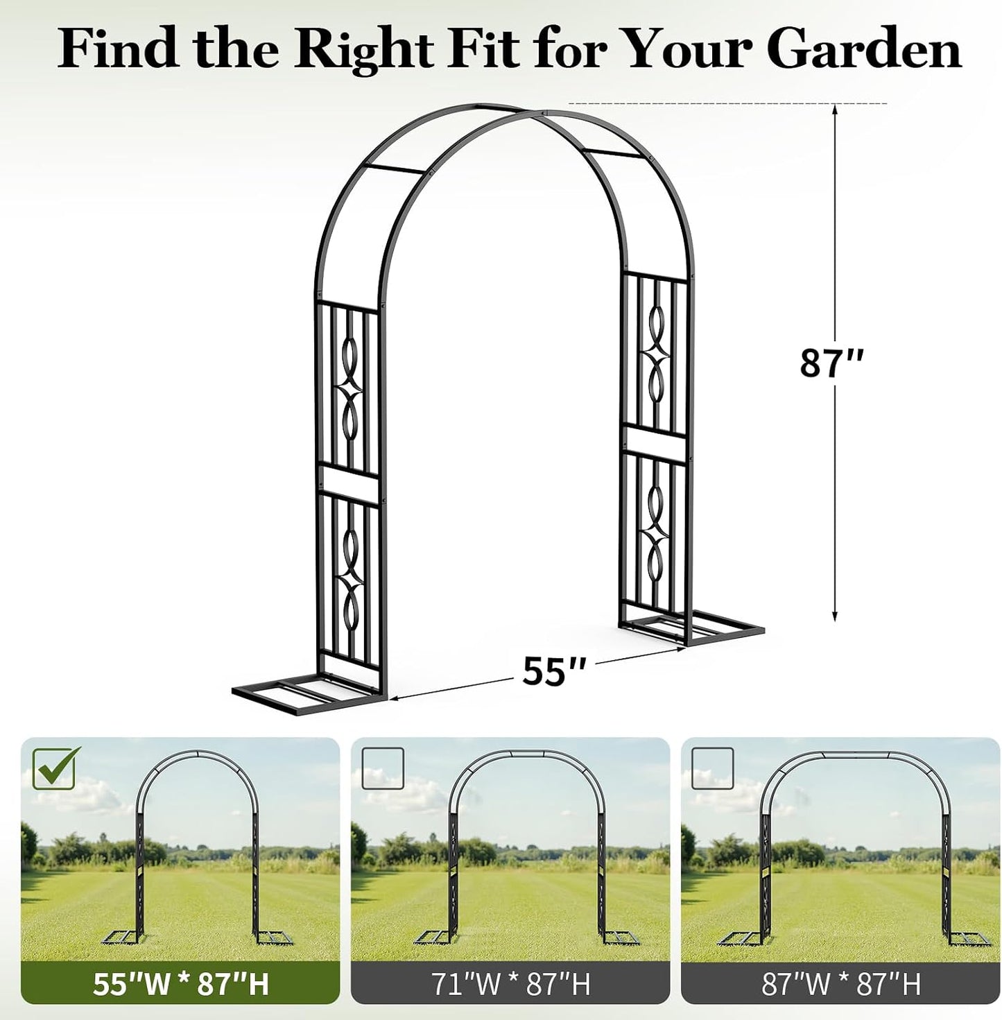 Metal Garden Arch, Heavy Duty Garden Trellis for Climbing Plants, with Enlarged Base for Stability, Ideal for Wedding Arches & Party Decorations, 55" W x 86" H