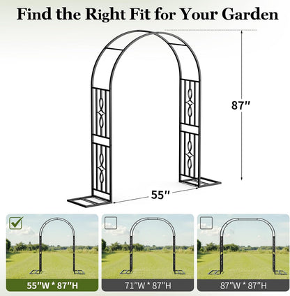 Metal Garden Arch, Heavy Duty Garden Trellis for Climbing Plants, with Enlarged Base for Stability, Ideal for Wedding Arches & Party Decorations, 55" W x 86" H