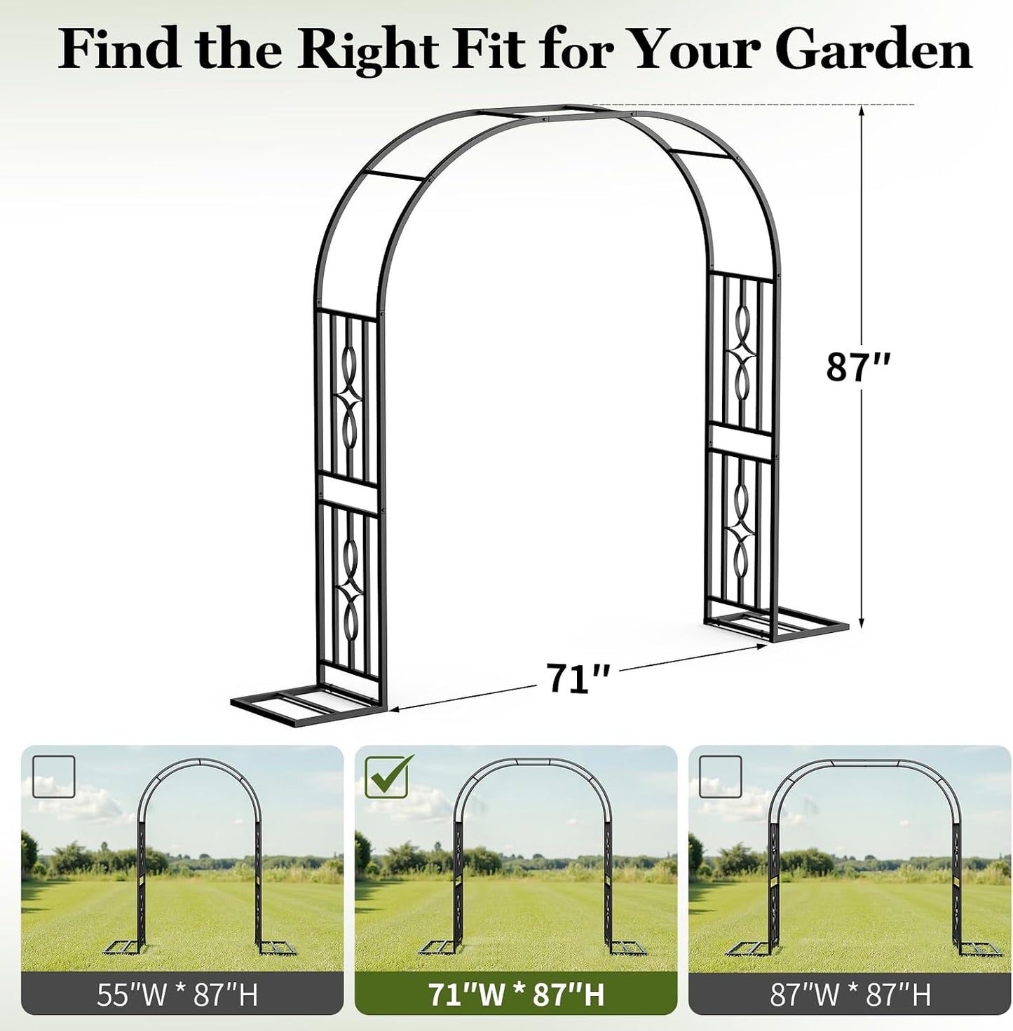 Metal Garden Arch, Heavy Duty Garden Trellis for Climbing Plants, with Enlarged Base for Stability, Ideal for Wedding Arches & Party Decorations, 55" W x 86" H
