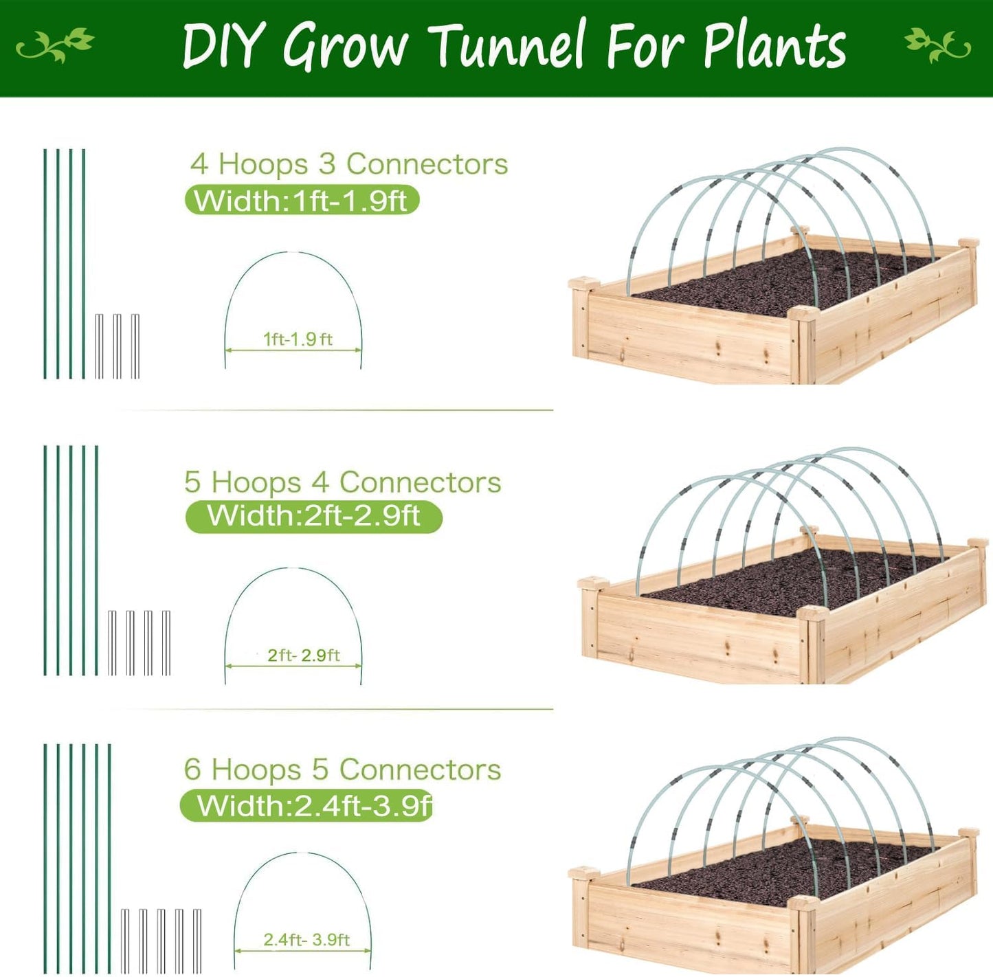 Garden Hoops for Raised Beds 3Set Row Cover Greenhouse Garden Grow Tunnel Netting Hoops, Greenhouse Support Hoop Flexible Fiberglass DIY for Outdoor Plant 18pcs Flexible Sticks