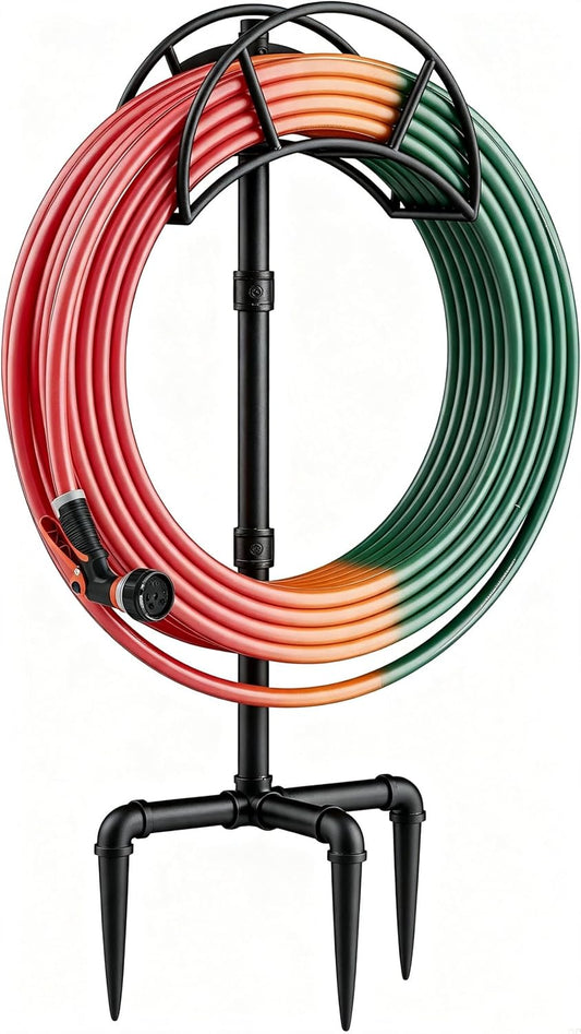 Freestanding Garden Water Hose Storage Holder Stand for Outside, 160-Ft Hose Heavy Duty Metal Hanger Reel Organizer Outdoor Yard Lawn, Standing Keeper Rack with Ground Stake, Black GHH01B