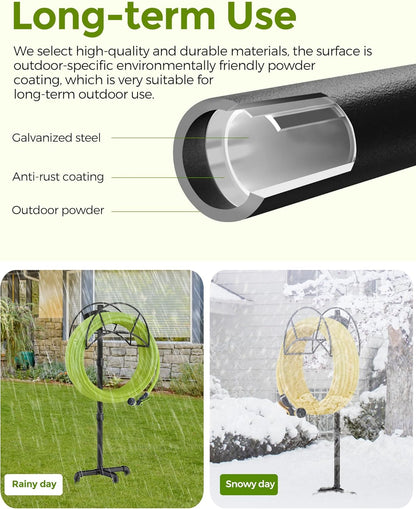 Freestanding Garden Water Hose Storage Holder Stand for Outside, 160-Ft Hose Heavy Duty Metal Hanger Reel Organizer Outdoor Yard Lawn, Standing Keeper Rack with Ground Stake, Black GHH01B