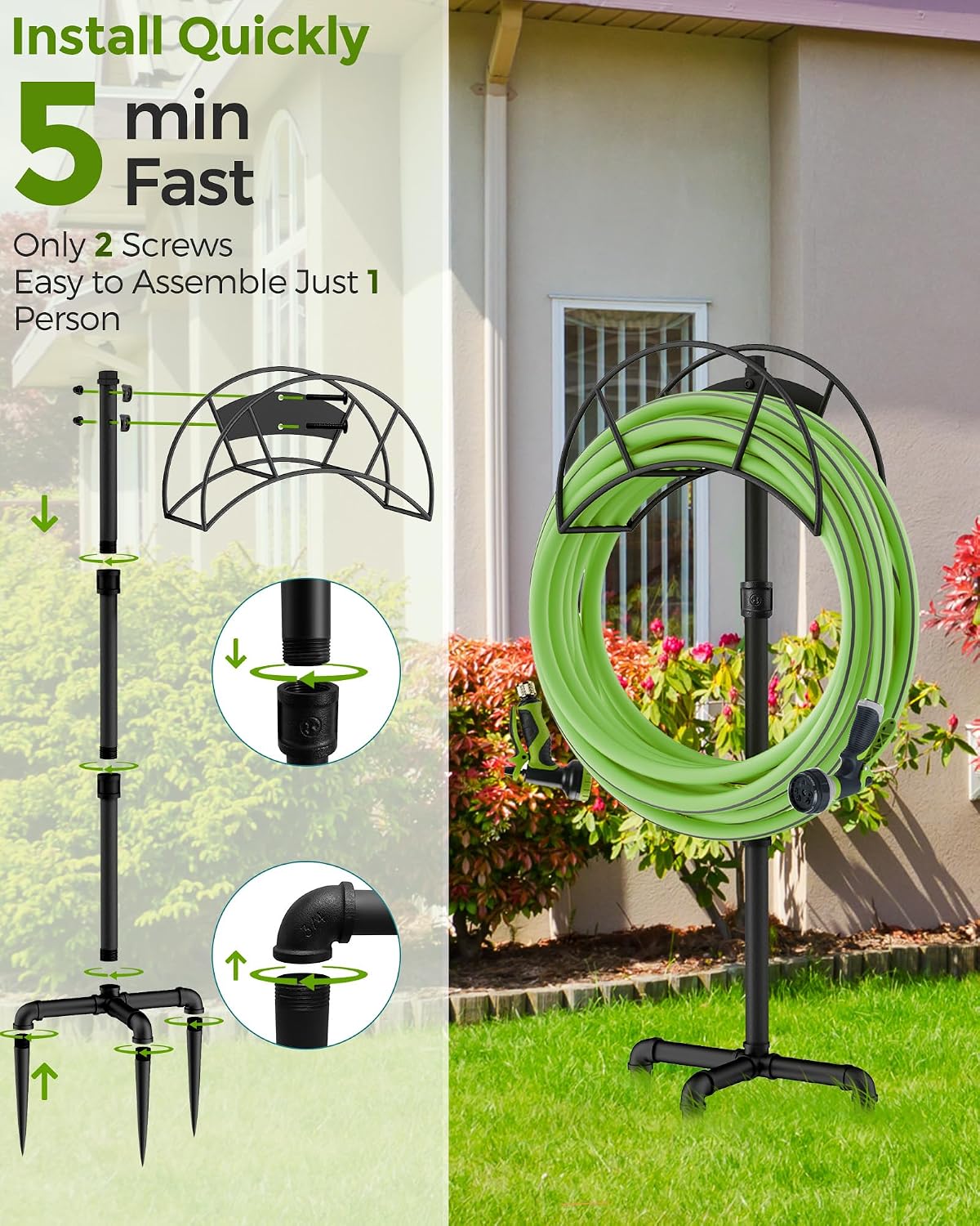 Freestanding Garden Water Hose Storage Holder Stand for Outside, 160-Ft Hose Heavy Duty Metal Hanger Reel Organizer Outdoor Yard Lawn, Standing Keeper Rack with Ground Stake, Black GHH01B