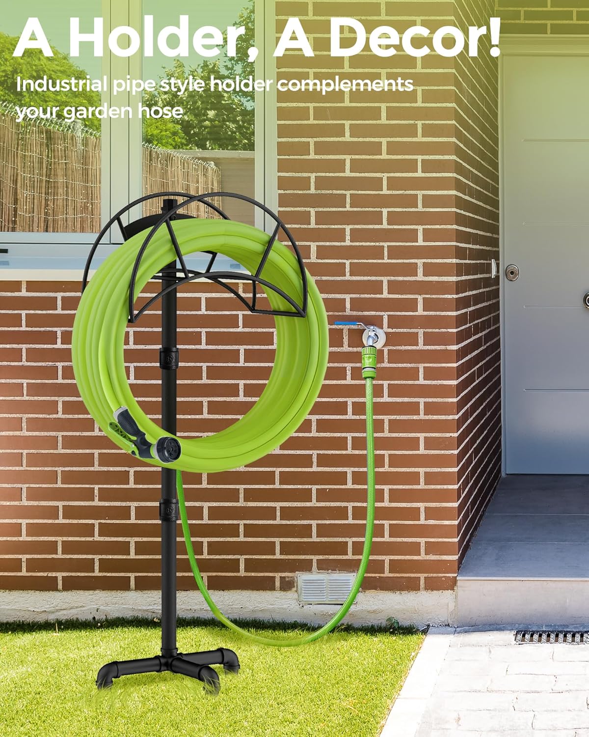 Freestanding Garden Water Hose Storage Holder Stand for Outside, 160-Ft Hose Heavy Duty Metal Hanger Reel Organizer Outdoor Yard Lawn, Standing Keeper Rack with Ground Stake, Black GHH01B
