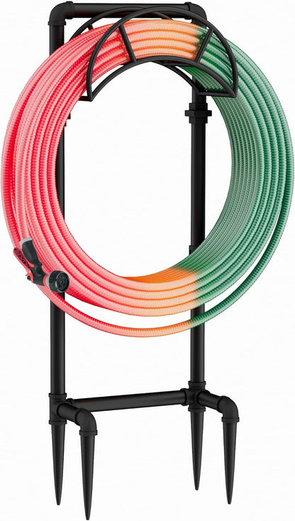 Freestanding Garden Water Hose Storage Holder Stand for Outside, 160-Ft Hose Heavy Duty Metal Hanger Reel Organizer Outdoor Yard Lawn, Standing Keeper Rack with Ground Stake, Black GHH01B