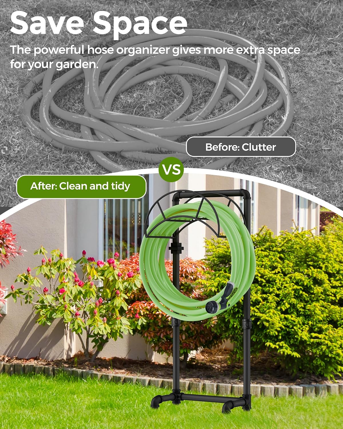 Freestanding Garden Water Hose Storage Holder Stand for Outside, 160-Ft Hose Heavy Duty Metal Hanger Reel Organizer Outdoor Yard Lawn, Standing Keeper Rack with Ground Stake, Black GHH01B