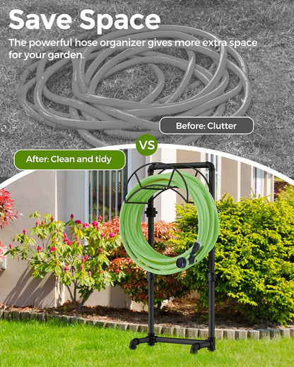 Freestanding Garden Water Hose Storage Holder Stand for Outside, 160-Ft Hose Heavy Duty Metal Hanger Reel Organizer Outdoor Yard Lawn, Standing Keeper Rack with Ground Stake, Black GHH01B