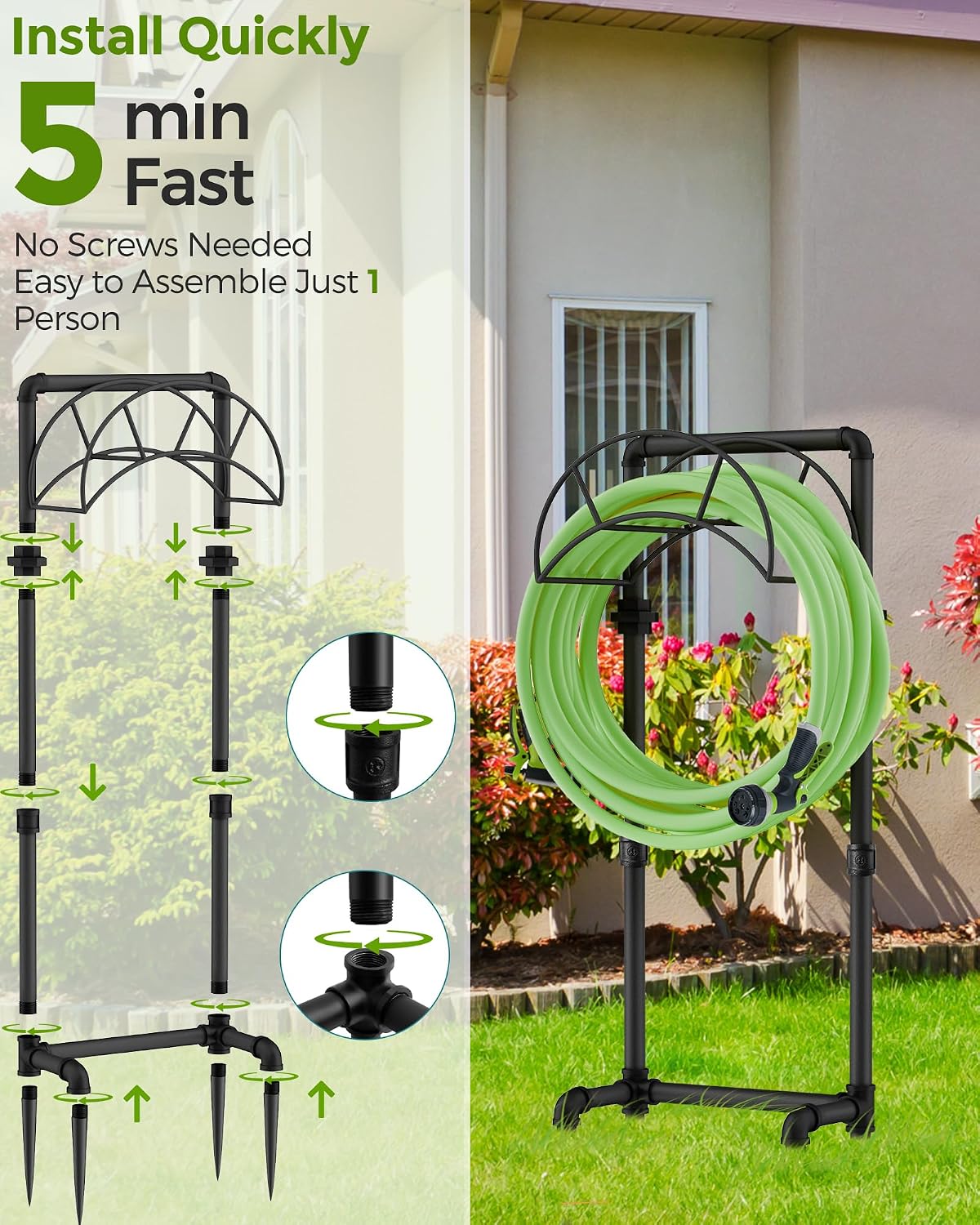 Freestanding Garden Water Hose Storage Holder Stand for Outside, 160-Ft Hose Heavy Duty Metal Hanger Reel Organizer Outdoor Yard Lawn, Standing Keeper Rack with Ground Stake, Black GHH01B