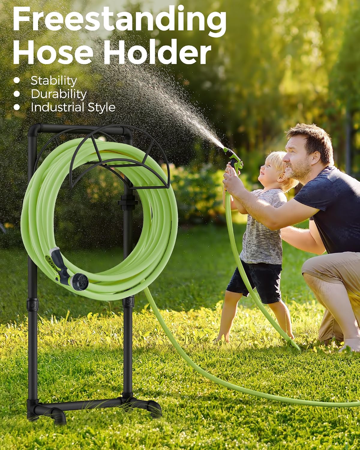 Freestanding Garden Water Hose Storage Holder Stand for Outside, 160-Ft Hose Heavy Duty Metal Hanger Reel Organizer Outdoor Yard Lawn, Standing Keeper Rack with Ground Stake, Black GHH01B