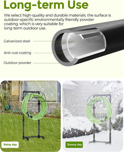 Freestanding Garden Water Hose Storage Holder Stand for Outside, 160-Ft Hose Heavy Duty Metal Hanger Reel Organizer Outdoor Yard Lawn, Standing Keeper Rack with Ground Stake, Black GHH01B