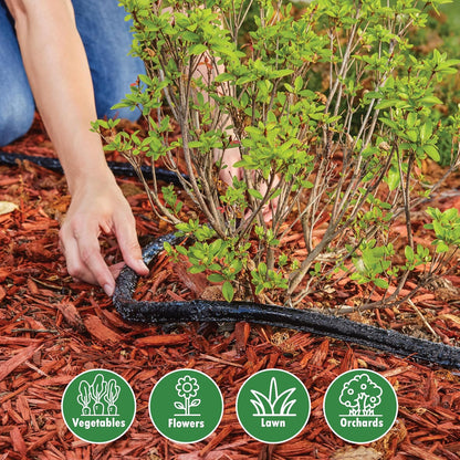 75' Black Flat Weeper Soaker Hose for Garden Beds, Drip Irrigation Outdoor Hose, Flexible Garden Hose for Vegetable Gardens, Flower Beds, Lawns, and Orchards