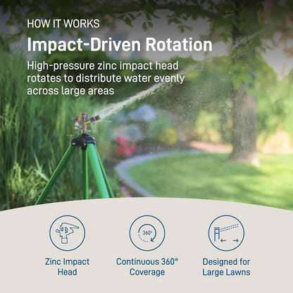 Tripod Lawn Zinc Impact Sprinkler - 360 Degree Rotating Yard Sprinkler with Adjustable Height - Heavy-Duty Zinc - High-Pressure Nozzle - for Large Lawn Coverage - 56667