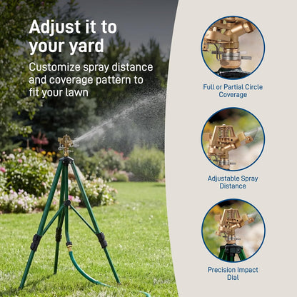 Tripod Lawn Zinc Impact Sprinkler - 360 Degree Rotating Yard Sprinkler with Adjustable Height - Heavy-Duty Zinc - High-Pressure Nozzle - for Large Lawn Coverage - 56667