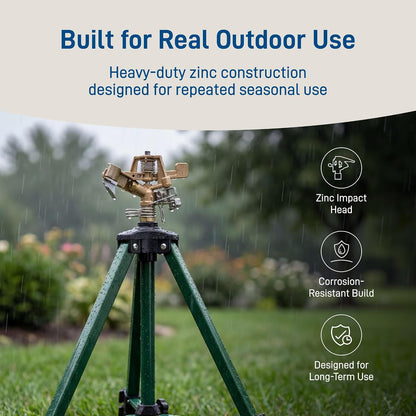 Tripod Lawn Zinc Impact Sprinkler - 360 Degree Rotating Yard Sprinkler with Adjustable Height - Heavy-Duty Zinc - High-Pressure Nozzle - for Large Lawn Coverage - 56667