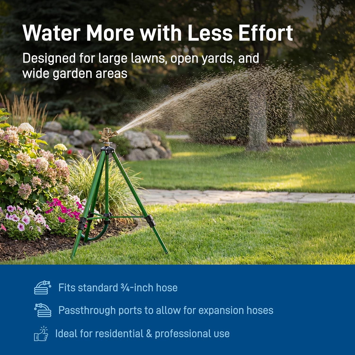 Tripod Lawn Zinc Impact Sprinkler - 360 Degree Rotating Yard Sprinkler with Adjustable Height - Heavy-Duty Zinc - High-Pressure Nozzle - for Large Lawn Coverage - 56667
