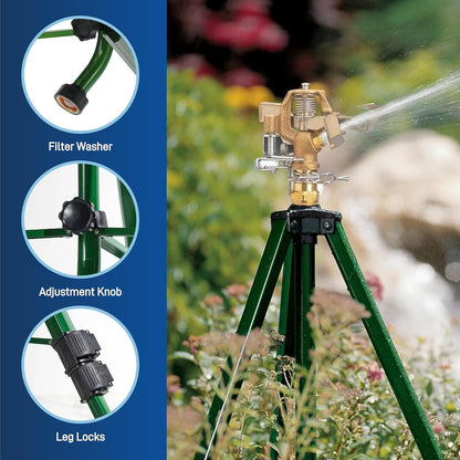 Tripod Lawn Zinc Impact Sprinkler - 360 Degree Rotating Yard Sprinkler with Adjustable Height - Heavy-Duty Zinc - High-Pressure Nozzle - for Large Lawn Coverage - 56667