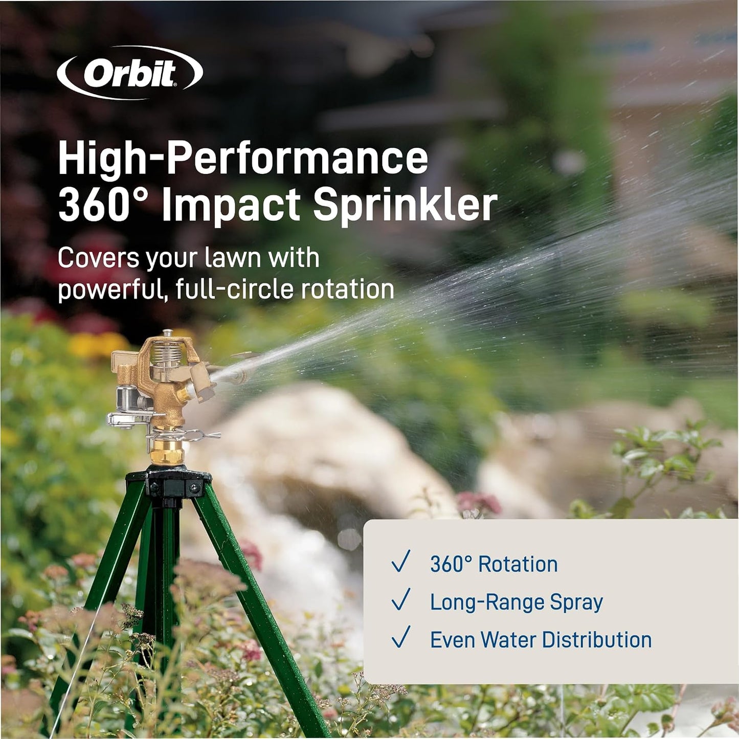 Tripod Lawn Zinc Impact Sprinkler - 360 Degree Rotating Yard Sprinkler with Adjustable Height - Heavy-Duty Zinc - High-Pressure Nozzle - for Large Lawn Coverage - 56667