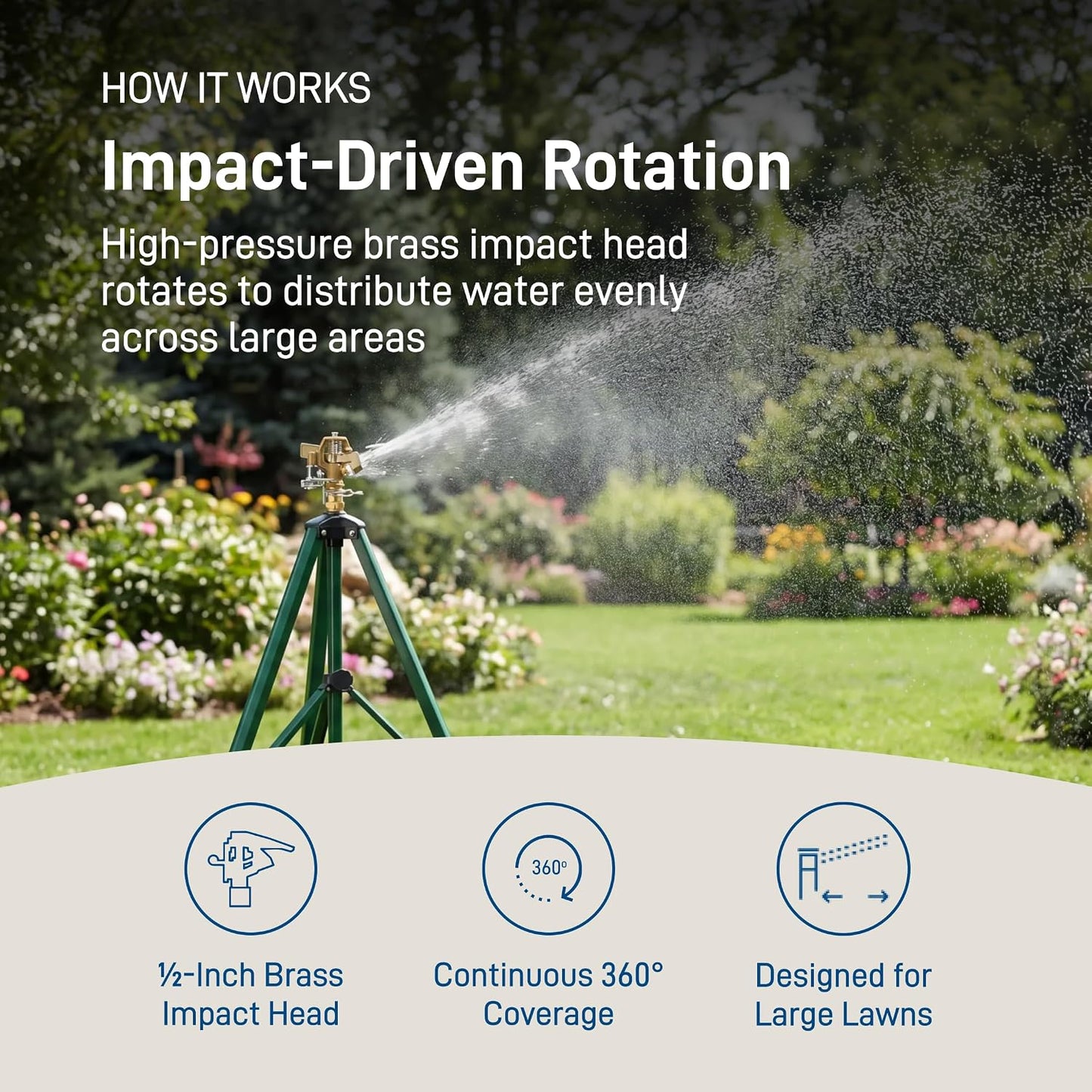 Tripod Lawn Zinc Impact Sprinkler - 360 Degree Rotating Yard Sprinkler with Adjustable Height - Heavy-Duty Zinc - High-Pressure Nozzle - for Large Lawn Coverage - 56667