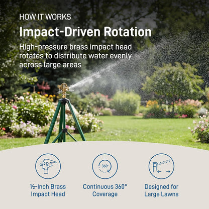 Tripod Lawn Zinc Impact Sprinkler - 360 Degree Rotating Yard Sprinkler with Adjustable Height - Heavy-Duty Zinc - High-Pressure Nozzle - for Large Lawn Coverage - 56667