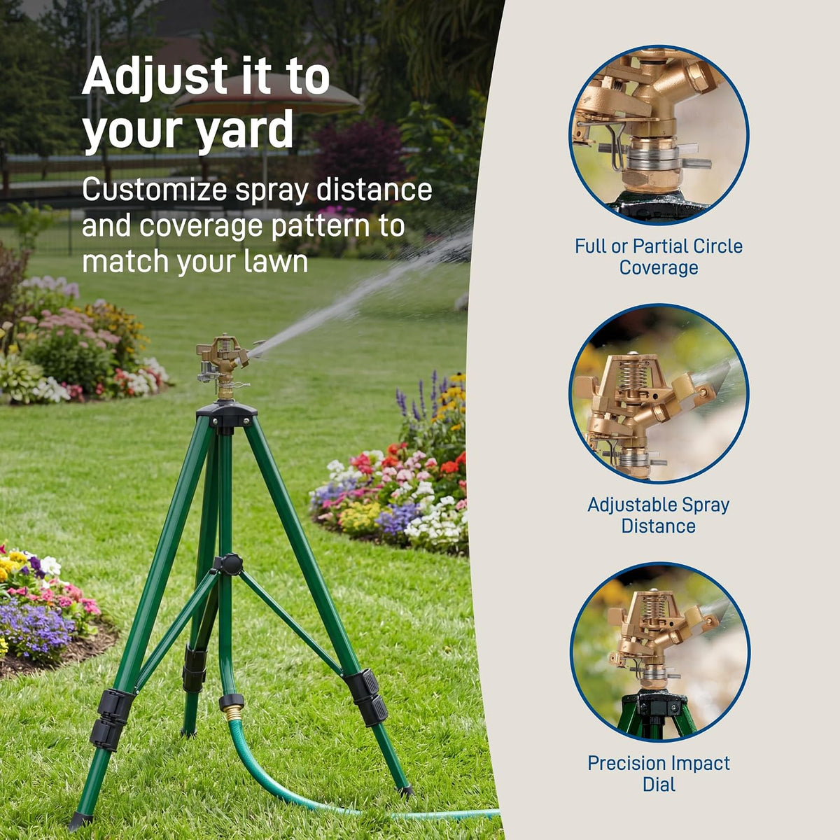 Tripod Lawn Zinc Impact Sprinkler - 360 Degree Rotating Yard Sprinkler with Adjustable Height - Heavy-Duty Zinc - High-Pressure Nozzle - for Large Lawn Coverage - 56667