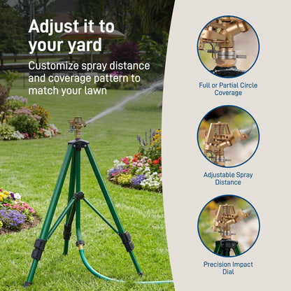 Tripod Lawn Zinc Impact Sprinkler - 360 Degree Rotating Yard Sprinkler with Adjustable Height - Heavy-Duty Zinc - High-Pressure Nozzle - for Large Lawn Coverage - 56667